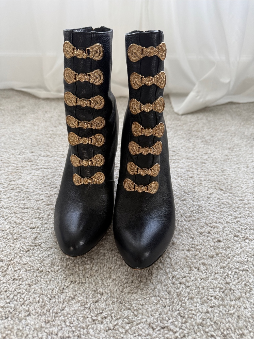 Camilla Black Ankle Boots with Gold Embellished Front
